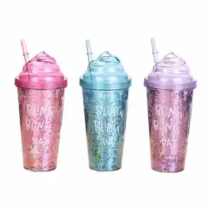 Summer ice cream lid cup Gradient Smoothie Cold drink cup Children's plastic straw cup