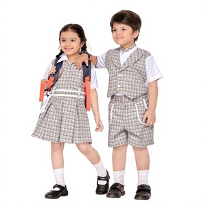 Ensemble robe et chemise en coton tissé pour écoliers, garçons et filles, motif à carreaux, couleurs beige et marron - Product Image 2