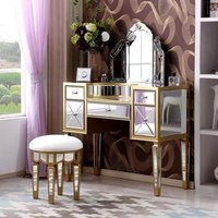 Table de toilette et de maquillage moderne en verre nordique avec armoire de rangement, finition or champagne pour chambre principale
