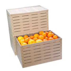 Farm Market Wood Stacking Basket Collapsible Fresh Fruit Shelves Crate With Lid