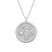 Collier Pendentif Médaillon Porte-Bonheur en Argent Sterling 925 Plaqué Or Gemnel avec Breloques Clé, Lune, Cœur, Fer à Cheval, Soleil et Zircon Cubique