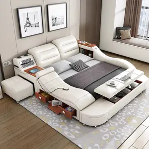 Moderno cuero tamaño King Queen marco inteligente cama habitación conjunto multifunción tapizado camas dobles dormitorio conjuntos muebles diseñador