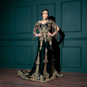 Dark <b>Green</b> Embroidered Floor-Length Fergani Caftan Dress with Gold Details for Women Traditional Wedding Wear - Product Image 1