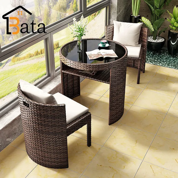 Unique Outdoor Garden Furniture Balcony Rattan Mirror Compact Coffee Table Set for Cafe