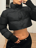 Fabricant de doudounes d'hiver de couleur personnalisée pour femmes 100% Polyester Bubble Cropped Outerwear Noir avec logo Décoration