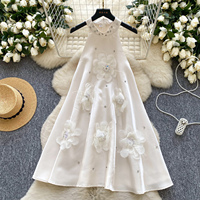 Robe longue élégante sans manches pour femme, coupe trapèze, avec décorations florales 3D en strass, col montant, idéale pour les fêtes décontractées et le quotidien