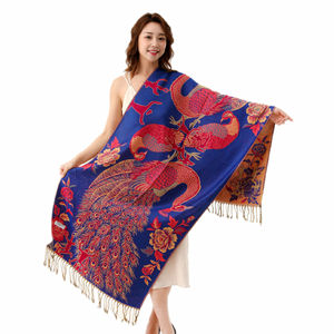 マルチカラースカーフピーコックフェザーショール豪華な2層ジャカードビッグペイズリーパシュミナショール - Product Image 1