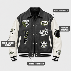 Veste vintage surdimensionnée à boutons, matelassée, à blocs de couleur noir et blanc, avec patch de course personnalisé brodé, pour homme, style streetwear rétro - Product Image 2