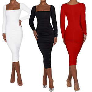 Nouveauté <span class=keywords><strong>Robe</strong></span> de soirée mi-longue enveloppante à manches longues et col carré pour femme - Product Image 1