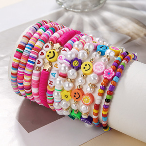 Pulsera colorida de arcilla polimérica con cara sonriente y cuentas de perlas en forma de corazón, regalo de joyería para mujer - Product Image 1