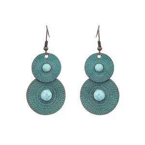 Vente en gros de boucles d'oreilles pendantes vintage rétro en pierre turquoise bohème, bijoux de mode, boucles d'oreilles longues pour femmes
