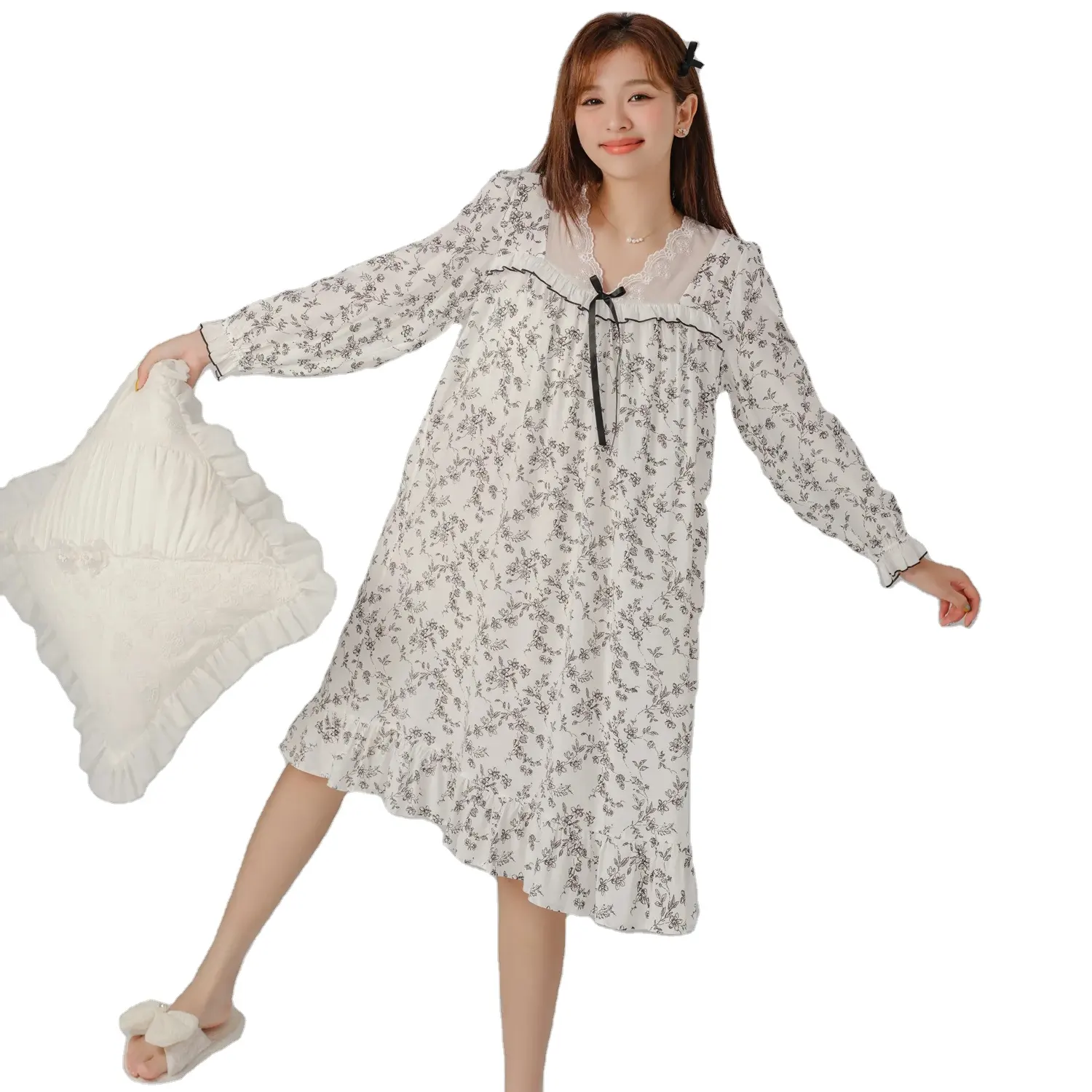 Long Sleeve Women's Nightdress Loose Comfortable Women&#39;s Home Wear Pajamas Print Sweet and Cute Japan and South Korea Woven