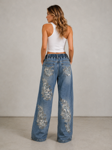 Stylish Washed Straight Denim Trousers with Silver Thread and Sequin Floral Applique, <strong>Drawstring</strong> <strong>Jeans</strong> for Hot Girl Fashion - Product Image 3