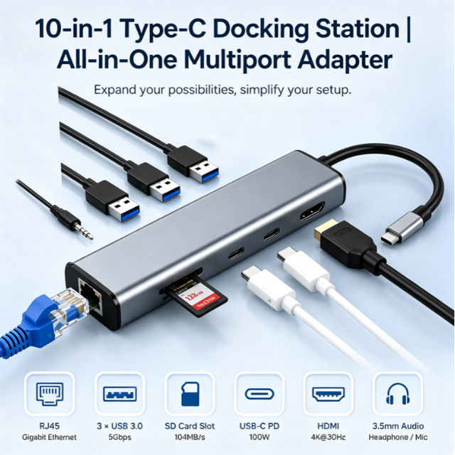 10 in 1 USB 3.0 C Hub with 4K for Gigabit Ethernet PD 100W SD Card Reader Aluminum Dock for MacBook Pro in Stock