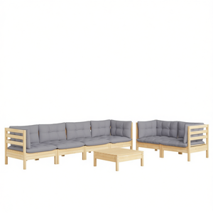 Ensemble de salon de jardin en bois naturel avec coussins gris, 6 places, meubles d'extérieur, style rustique, bois de pin - Product Image 1