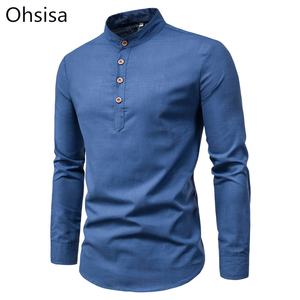 New Fashion <span class=keywords><strong>uomo</strong></span> primavera cotone <span class=keywords><strong>lino</strong></span> bottone in puro colore colletto alla coreana <span class=keywords><strong>manica</strong></span> <span class=keywords><strong>lunga</strong></span> Business top Pullover camicetta camicia Casual - Product Image 1