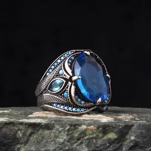 Персонализированные ретро мужские кольца с голубыми бриллиантами в стиле панк античное серебро САПФИР бриллиантовые кольца для мужских ювелирных подарков