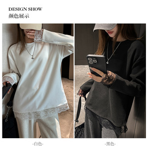 <span class=keywords><strong>T</strong></span>-<span class=keywords><strong>shirt</strong></span> à manches longues en velours épais avec patchwork de dentelle pour <span class=keywords><strong>femme</strong></span>, coupe ample amincissante, chemise intérieure, chemisier - Product Image 2