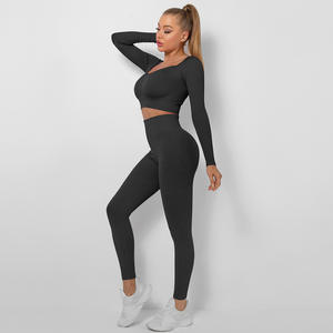 Set <span class=keywords><strong>Fitness</strong></span> da palestra Set 2022 <span class=keywords><strong>donna</strong></span> Crop <span class=keywords><strong>Top</strong></span> manica lunga a coste di alta qualità Leggings lunghi tuta Yoga senza cuciture - Product Image 3