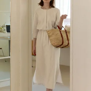 Vestido longo de linho algodão, roupa feminina casual feita em linho de algodão, ecológica, natural, para escritório
