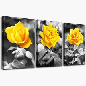 Canvas Wall Art For Bedroom Living Room Wall Decor Black And White Yellow Rose Flowers Paintings 3 Pieces Modern Home Decoration