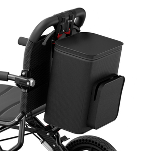 Fauteuil roulant manuel idéal pour les sorties, cadre en aluminium imprimé carbone, roues arrière alvéolées de 12 pouces avec siège en cuir, poignée de traction et sac. - Product Image 2