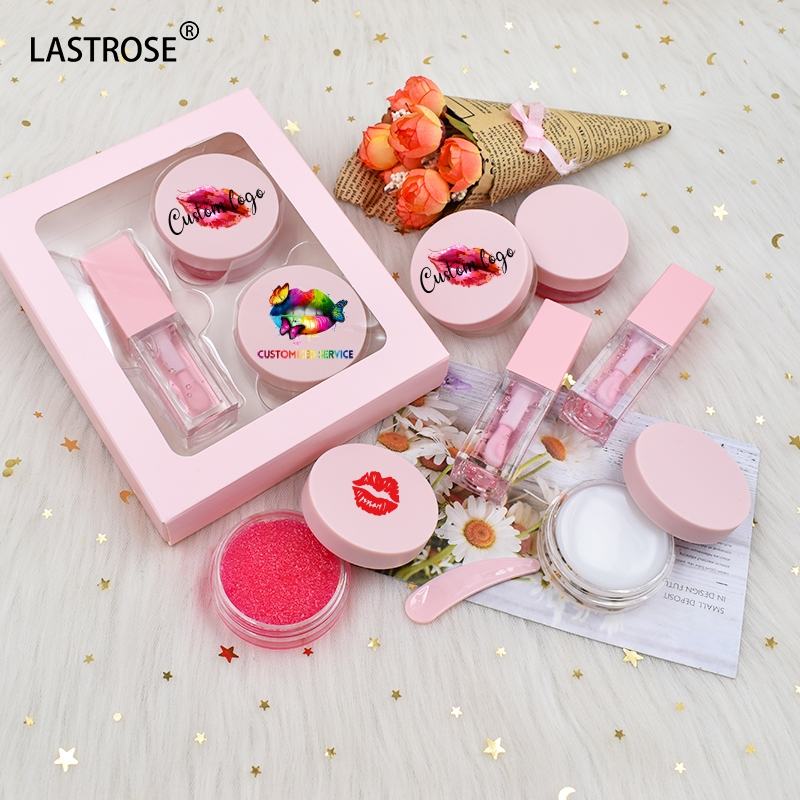 Venda quente Vegan Lip oil set Hidratante Baixo MOQ rosa mel pêssego lip scrub set para as meninas fazer o seu próprio logotipo