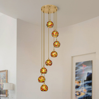 Lustre de Plafond en Verre Teinté Décoration Moderne Simple Luxe Hauteur Réglable Laiton Verre Artistique Éclairage d'Escalier