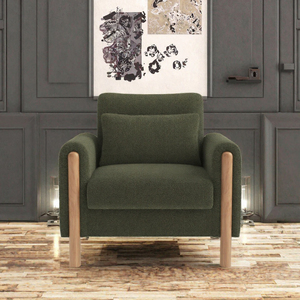Fauteuil moderne en bouclette verte, siège individuel, dossier rembourré, pieds en bois, style scandinave, chaise de salon - Product Image 2