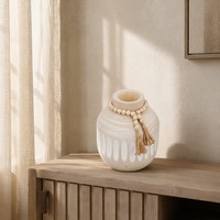 Vase en bois style ferme rustique sculpté à la main, guirlande de perles en bois, pot de fleurs, décoration intérieure Wabi-sabi, vase décoratif de table, Diwali, Get Well