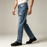 Jean droit déchiré pour homme, bleu délavé, effet usé, cinq poches, coupe affinée, décontracté, personnalisable OEM