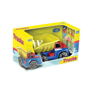 Camión de juguete de plástico Kipper con caja basculante, diseño de vehículo de construcción, juguete para niños, con señales y conos - Product Image 1