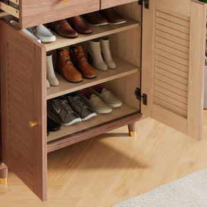 Meuble à chaussures en bois massif couleur bois naturel, rangement d'entrée avec tiroirs et étagères pour usage domestique - Product Image 2
