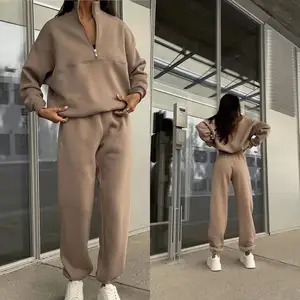 Long Sleeves Streetwear Casual 100% Organic Cotton Half Zip Customized Clothing Manufacturer Women's Set Sweatsuit Tacking Set