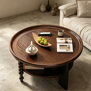 Vintage Round 2-Tier Wooden Coffee <b>Table</b>, <b>Walnut</b> Finish with Spindle Legs for Living Room - Product Image 5