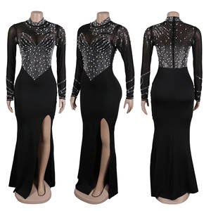 <span class=keywords><strong>Robe</strong></span> de soirée chic longue pour femme, col rond, manches longues, fente haute, ornée de strass et de perles, idéale pour <span class=keywords><strong>demoiselle</strong></span> <span class=keywords><strong>d</strong></span>'<span class=keywords><strong>honneur</strong></span> - Product Image 5