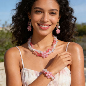 Women's Bohemian Style Rhodochrosite Jewelry <b>Set</b> with Necklace Earrings <b>Bracelet</b> and Flower Accents for Casual Outings Necklace - Product Image 5