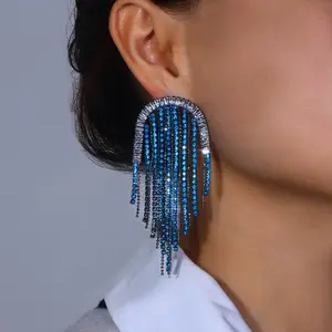 凯美时尚饰品时尚水钻波西米亚流苏耳环配件超大女蓝色水晶流苏耳环