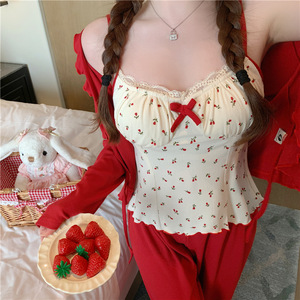 Set Tre Pezzi Personalizzato con Logo, in Modal con Righe Incavate e Stampa Rose, Comodo Completo a Maniche Lunghe e Pantaloni con Tasche sul <span class=keywords><strong>Petto</strong></span>, Abbigliamento da Casa in Cotone - Product Image 2