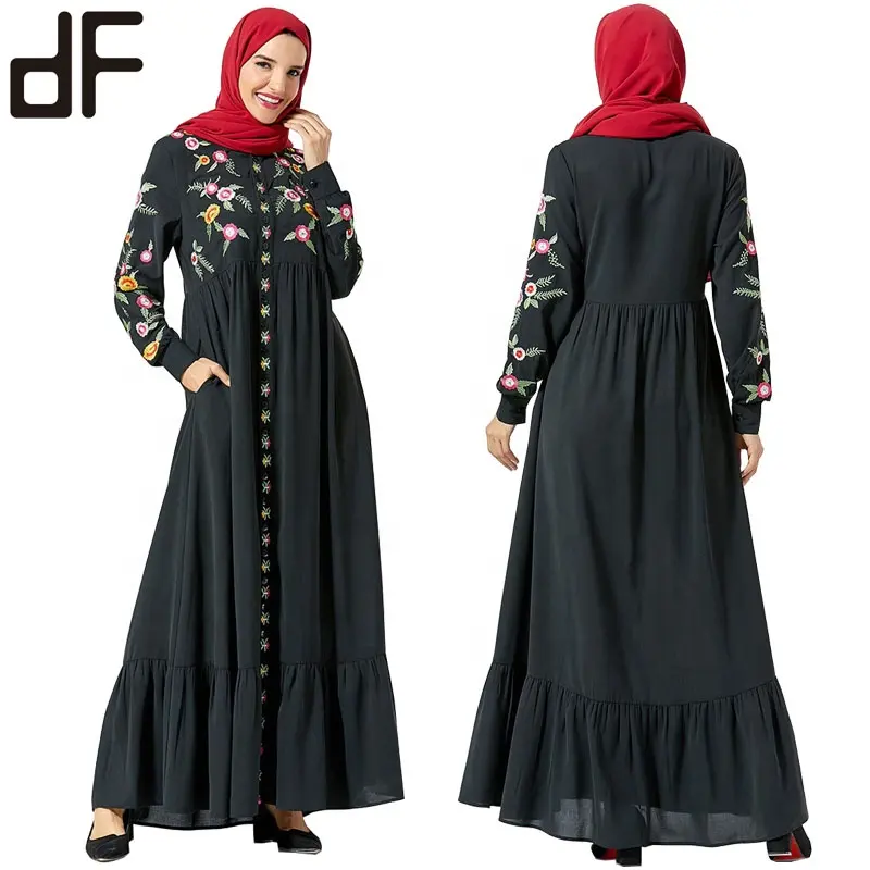 Custom Abaya Fabrikanten In China Dubai Kalkoen Katoenen Kant Borduurwerk Islam Kleding Zwarte Moslim Lange Jurken Voor Vrouwen