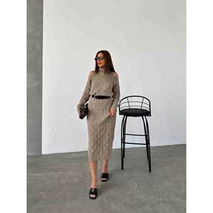 Robe pull en maille ceinturée pour femme, col roulé, épaules dénudées, beige, taille S - Product Image 5