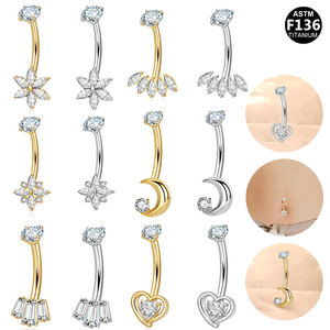Anneau de nombril en alliage de titane, forme cœur et lune, serti de cristaux, bijoux de piercing pour nombril, bijoux de corps tendance - Product Image 1
