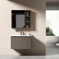 Meuble de salle de bain de luxe personnalisé avec vasque en céramique, miroir intelligent, style moderne minimaliste, armoire en aluminium nid d'abeille, pour hôtel et salle à manger