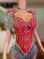Sagittaire Full Diamond Mesh Serré Et Sexy Low Cut One-Piece Fringe Discothèque Bar Chanteur DJ Invité Gogo Performance Costume