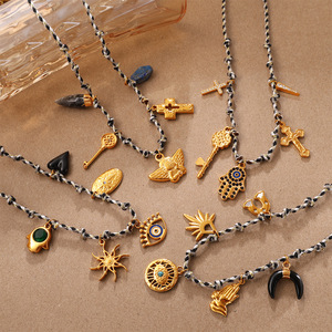 European American Retro Woven <b>Rope</b> Necklace <b>Bracelet</b> Set Zinc Alloy Cross Pendant Unisex Jewelry - Product Image 1