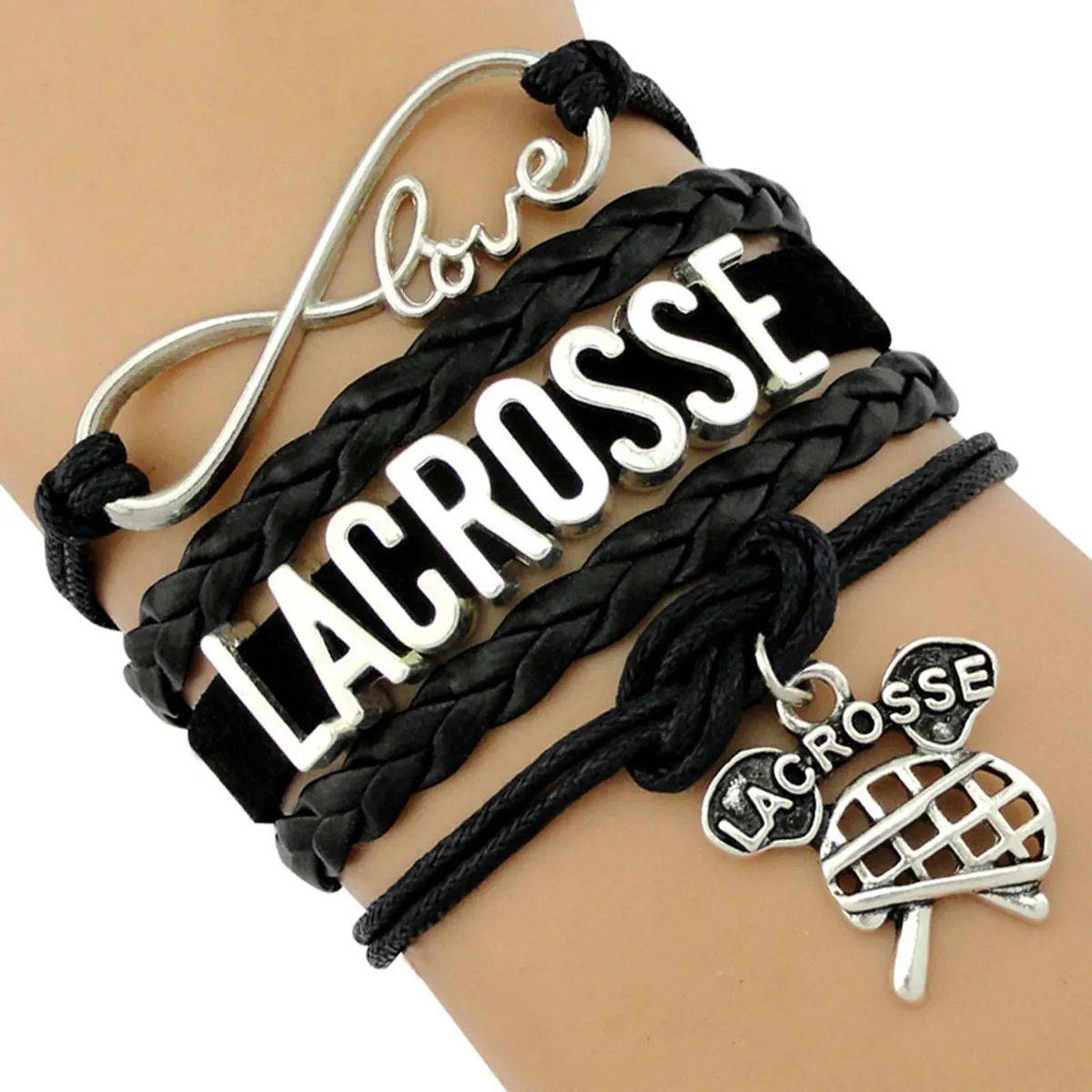 Usine Drop Shipping Infinity Love Lacrosse Bracelet Maman Bâton Casque Charme En Cuir Noir Bijoux Hommes Bracelet pour Femmes