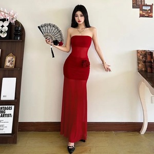 Strapless Translucent Evening Dress With Floral Print Natural Waist Long Skirt For Banquets And Dates - Product Image 3