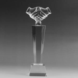 Pujiang Wholesale clear Blank Customized Logo Workmanship ShakeHands Shape Transparent Glass Crystal Trophy