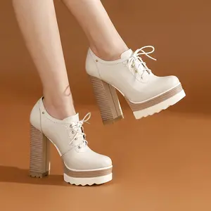 Yeni moda Classics stil Lace Up tıknaz yüksek topuklu yüksek platformu katı yuvarlak ayak kadın ayakkabı pompaları