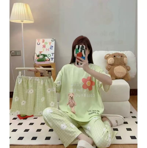 Women's 3-Piece Korean Style Pajama Set O-Neck <strong>Top</strong>, Shorts &amp; Long Pants, <strong>Silky</strong> Soft Cartoon Print Summer Lounge Wear - Product Image 3